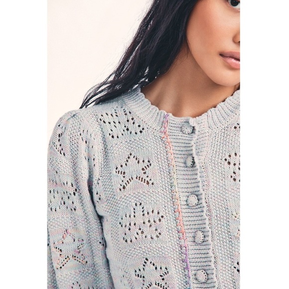 LOVESHACKFANCY Pastel Rainbow Star & Heart Pointelle Cropped Cardigan Sweater L - Picture 5 of 13